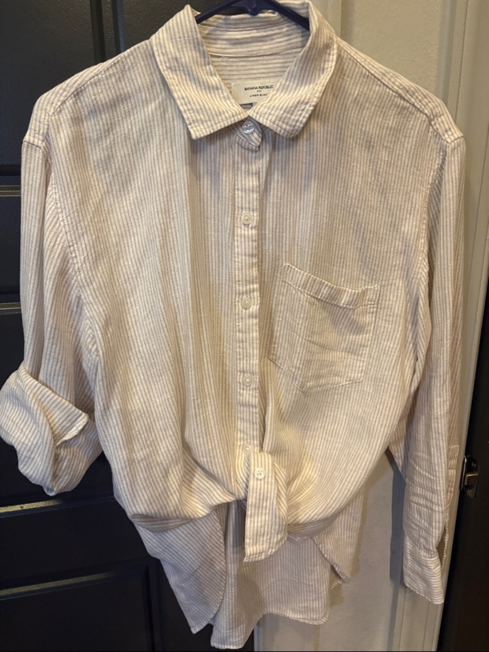 Banana Republic woman’s Cream and White Striped Casual Button-Down Shirt